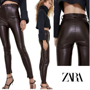 Zara faux leather ankle zip chocolate brown pants party chic classic